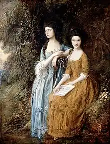 painting of two young women, one standing, the other sitting beside her with a piece of paper in her lap