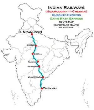 Garibrath Express (Chennai - Nizamuddin) Duronto Express route map