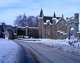 Castle Grant, East Lodge. Railway Bridge Over A939 Road And Entrance Arch To Drive