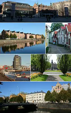 Town square, Alderholmen, old town, the high-rise "Fullriggaren" at Gävle Strand, the town hall, buildings alongside the river of Gavleån