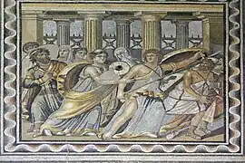 A mosaic from the Roman era Poseidon Villa in Zeugma, Commagene (now in the Zeugma Mosaic Museum) depicting Achilles on Skyros disguised as a woman and Odysseus tricking him into revealing himself