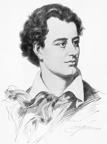 Drawing of a man's head, turned to the right, with curly dark hair.