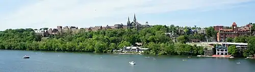 Wide-angle view of the campus running along the Potomac River