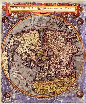 The Northern Hemisphere, also from Speculum Orbis Terrae, 1593.  Note the unusual perspective from a position above the north pole.