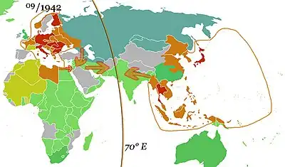 German and Japanese direct spheres of influence at their greatest extents in Autumn 1942. Arrows show planned movements to an agreed demarcation line at 70° E, which was, however, never approximated.