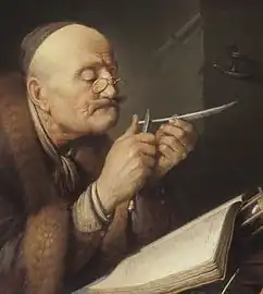 Scholar sharpening a quill pen, 1633, Leiden Collection