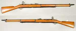 A Carl Gustaf made "three-band" fm/1881, also in 10.15x61mmR. Apart from the number of bands around the forestock it is identical to the "two-band" model.