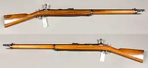 Jarmann repeating rifle fm/1881 in 10.15x61mmR. This "two-band" model became the Norwegian M1884 Jarmann. Made by Carl Gustafs Stads Gevärsfaktori in Sweden.