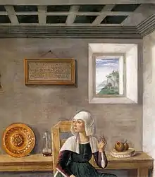  A detail of one painting shows the surprised face of one nurse, an open window and a framed plaque.