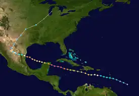 This image is a satellite tracking of Hurricane Gilbert. Notice that different colors of the dots represent different categories.