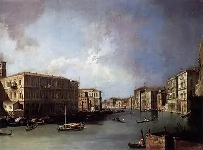 View of the Grand Canal by Canaletto in 1726. The unfinished Palazzo is the white building the center on the left