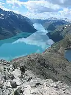 Besseggen seen towards west, with Gjende on the left and Bessvatnet on the right