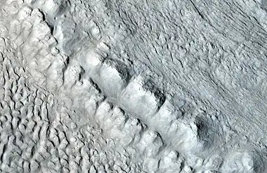 Enlargement of the area in the rectangle in the previous image. This area would be called a moraine in an alpine glacier on Earth.