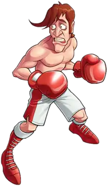 Drawing of a skinny shirtless man with red hair, red boxing gloves, and white-and-red shorts and shoes. He is looking to the left and appears worried.