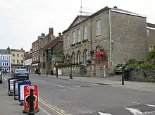 Town Hall, including wall with steps to street