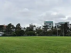 Glen Eden town centre, Playhouse Theatre and Glen Eden library seen from Harold Moody Park