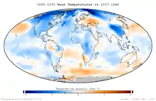 Image 39Mean temperature anomalies during the period 1965 to 1975 with respect to the average temperatures from 1937 to 1946. This dataset was not available at the time. (from History of climate change science)