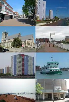 Clockwise from top left: The High Street, The Esplanade, The Millennium Footbridge over Forton Lake, The Gosport Ferry which links the town with Portsmouth, Gosport Town Hall, Stokes Bay, High-rise flats, and St Mary's Church.