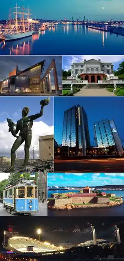 Clockwise, from top: Göta älv with Barken Viking to the left, Gunnebo House, Gothia Towers including Svenska Mässan, Elfsborg Fortress, Ullevi stadium, Gothenburg heritage tram, Poseidon at Götaplatsen, The Göteborg Opera