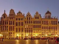 Grand-Place/Grote Markt of Brussels. From right to left:  Le Roy d'Espagne, La Brouette, Le Sac, La Louve, Le Cornet and Le Renard.