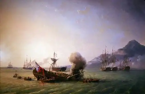 Le Combat de Grand Port by Pierre Julien Gilbert. Visible  from left to right: HMS Iphigenia (seen striking her colours), HMS Magicienne and HMS Sirius being set on fire by their crews, HMS Nereide surrendering, French frigate Bellone, French frigate Minerve, Victor (in the background) and Ceylon. Many of the details shown in the painting did not happen simultaneously, but were spread over several days.