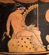 Greek harpist with an angular harp from a red-figure krater from 4th century B.C.E.