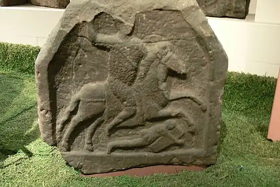 Funerary relief of a late (4th/5th century?) Roman cavalryman trampling a barbarian warrior,  Roman Britain (Chester, Grosvenor Museum)