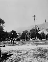 Pastor Arthur O. Pritchard's Groundbreaking ceremony in 1926 of the historic Sierra Madre Congregational Church in Sierra Madre, Ca. The historic 1896 Sierra Madre Congregational Church's Old North Church in the background.