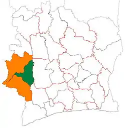 Location of Guémon Region (green) in Ivory Coast and in Montagnes District