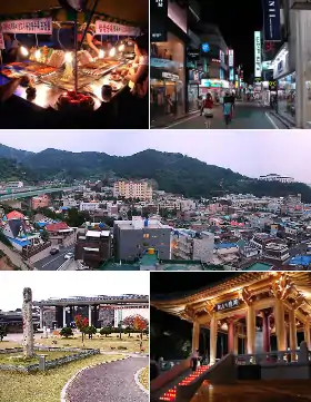 Above:Badhoe Pojangmacha Street Restaurant, Geumnamo Shopping district  Middle:Panorama view of resident area of Gwangsan-gu Bottom:Gwangju Folk Museum, Democracy Bell in Denman Estate Park (All items were left to right)