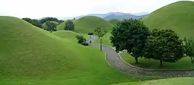 Rolling green hills with a road in between.