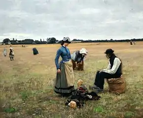 Fortrykt or Oppressed, 1887, Brandts. Poor children and very old people without land are allowed gleaning – collecting leftover crops – from farmers' fields, a kind of welfare system descending from the directives in the Bible (Leviticus 19:9–10 and Ruth 2). In this painting a young maid and her fatherless child arrive from the city to live with her parents.