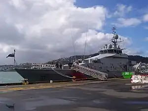 HMNZS Pukaki (P3568) berthed at Queens Wharf, Wellington.