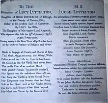 St John the Baptist Church, Hagley, memorial inscription to Lucy Lyttelton (née Fortescue, died 1747)