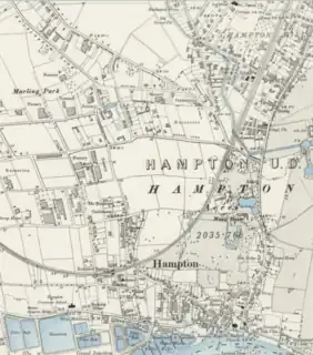 Ordnance Survey map (1894-5) showing Hampton. Note Hampton Hill to the north east, Nurseries to the west and Water Works on the river. The street plan follows the old field boundaries