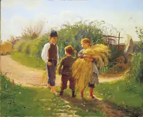 Akssamlere, Raagelund, 1883, Brandts. Children collecting leftover crops