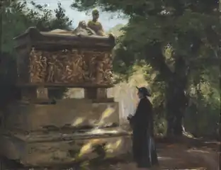 Catholic pater in front of a sarcophagus, 1909, Italy, Privately owned