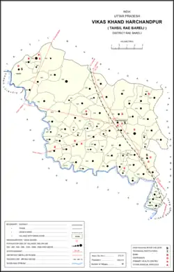 Map showing Lalupur Khas (#262) in Harchandpur CD block