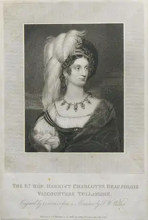 Portrait of the Rt. Hon. Harriet Charlotte Beaujolois, Viscountess Tullamore, engraved by John Cochran, 1826