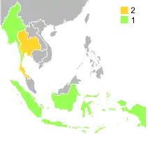 Map shows the number of country which won the trophy by using colour indicator (2002–present).