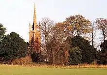 A slim ornate tower and spire seen between trees