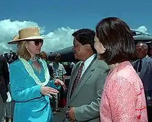 US First Lady Hillary Clinton wearing straw hat, 1995