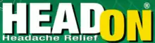 The text HeadOn is visible with "Head" in white and "On" in yellow. The text is on a green background. Above the "On" is a registered trademark symbol and below the "Head" is the text "Headache Relief" in white.