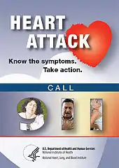 Information card writing: "Heart Attack: Know the Symptoms. Take Action. Call 911" and depicting people holding their chest in pain