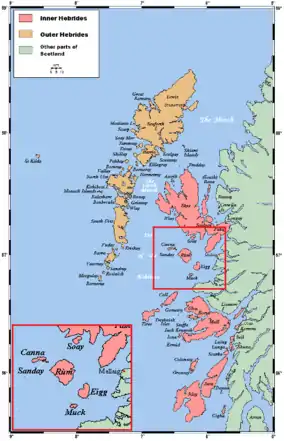 A map of the Small Isles, showing their location in the Hebrides.