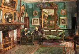 An artistic interior: Dante Gabriel Rossetti reading to Theodore Watts-Dunton in the drawing room at No. 16 Cheyne Walk, 1882