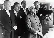 Photograph of Nehru and German chancellor Konrad Adenauer and Deutsche Bank chairman Hermann Josef Abs