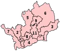 A map of a county, divided into eleven constituencies