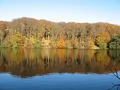 The small yet deep Herthasee in the national park as part of Sassnitz, with the Slavic hill fort Herthaburg at its banks