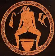 Greek hetaera urinates into skyphos (c. 480 BCE)